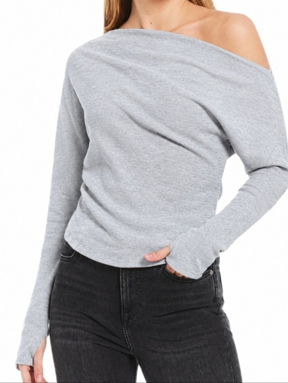 We The Free Fuji Off The Shoulder Thermal Top Heathered Gray Women's Size Medium